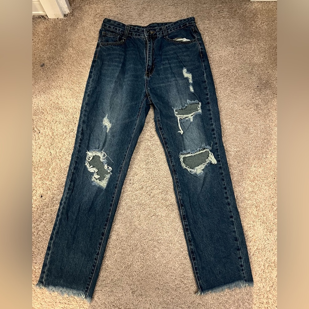 SHEIN - Women’s Straight Leg Distressed Jeans - Dark Wash, Worn Once-Size Medium